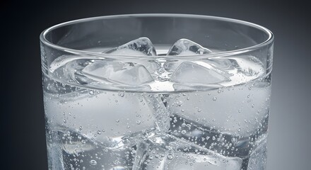 Refreshing sparkling water with ice cubes in glass close up for hydration and healthy lifestyle concept