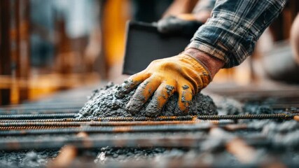 Construction worker placing concrete over reinforcing steel