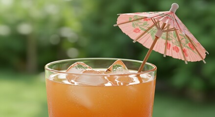 Refreshing summer cocktail with ice and decorative umbrella perfect for a tropical vacation getaway drink