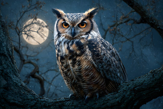 Majestic owl perched on tree branch under full moonlit night sky