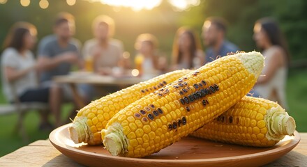 Grilled summer corn on the cob recipe for outdoor bbq party with family and friends enjoying food