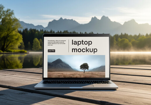 Laptop Mockup on Wooden Deck by Mountain Lake &ndash; Ideal for Websites, Coaching and Travel Brands