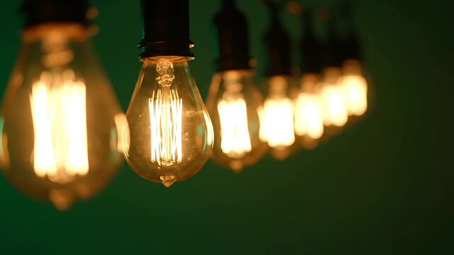 Vintage Edison filament light bulbs glowing warmly in a dark room with a green backdrop creating