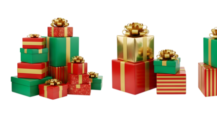 Stacks of festive red and green gift boxes with gold bows