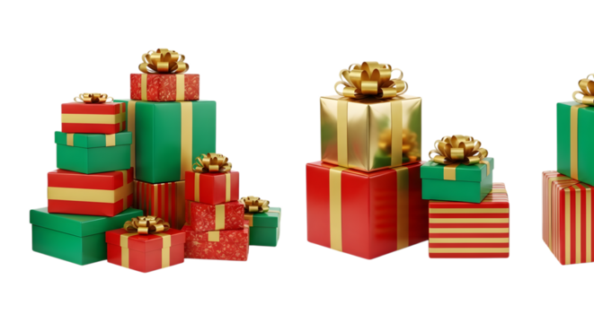 Stacks of festive red and green gift boxes with gold bows