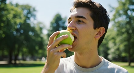 Young man eating a fresh green apple in park healthy lifestyle outdoor snack fruit nutrition dietary fiber