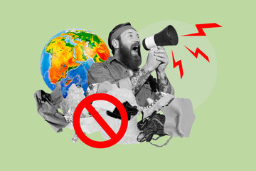 Template poster trend artwork photo collage of young man talk megaphone trash globe eco nature...