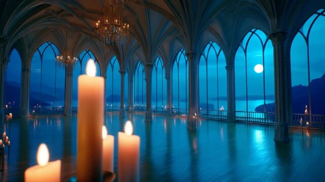 Elegant hall with arched windows soft lighting and a serene atmosphere
