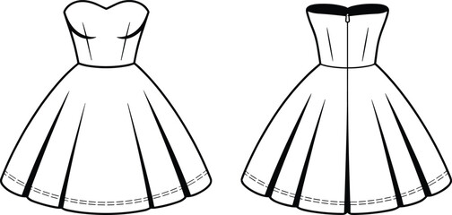 Strapless dress technical sketch, sweetheart neckline, pleated skirt, zipper closure, front and back view, fashion flat drawing, garment design