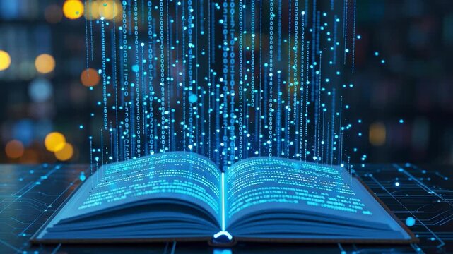 An open book with glowing text and digital elements floating above it.