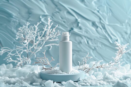 White bottle on a blue pedestal surrounded by frosted branches in a wintery scene for product shot - Powered by Adobe