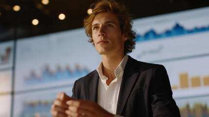 A leader standing before a digital strategy board filled with shifting graphs and real-time data, calmly guiding the team through sudden market changes — adaptive leadership, agile decision-making,