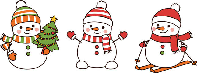 Cute snowman character vector set with winter hats, scarves, Christmas tree and skiing design elements for festive holiday illustrations