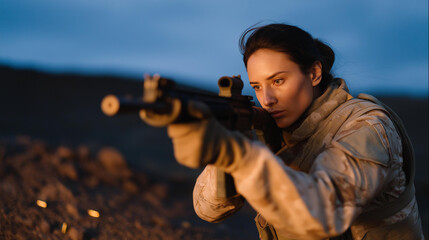 Fototapeta premium A servicewoman training on a shooting range at dusk, her focused stance illuminated by fading orange light as spent casings fall at her feet — combat readiness, high-pressure skill building, and