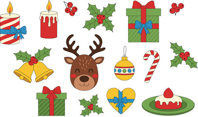 Cute Christmas vector set with reindeer, holly leaves, candles, candy cane, ornaments, gifts and festive holiday season decoration elements
