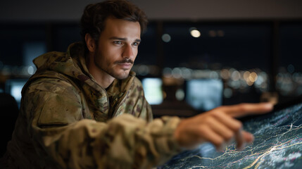 A tactical intelligence analyst studying a multi-layered digital battlefield map in a dim command center, highlighting enemy movement patterns with glowing overlays — real-time military analytics,
