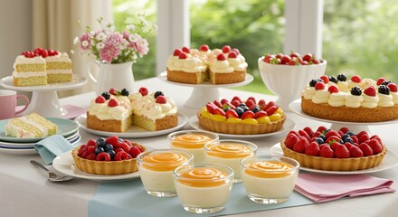 Delicious fruit tarts and cakes with berries and cream for dessert table catering and event planning