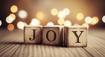 Joy wooden blocks on wood table with blurred lights background concept