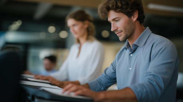 Colleagues lifting desks and redesigning layouts together showcase the evolution from rigid corporate environments to flexible, sustainable spaces — symbolizing teamwork, modern productivity, and