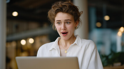 A young professional opening a laptop in a café and reacting with wide-eyed surprise as an unexpected message pops up on the screen — authentic emotion, digital surprise moment, and modern