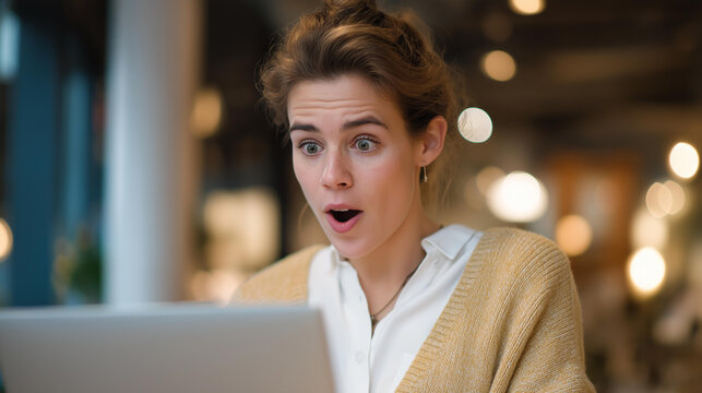 A young professional opening a laptop in a café and reacting with wide-eyed surprise as an unexpected message pops up on the screen — authentic emotion, digital surprise moment, and modern