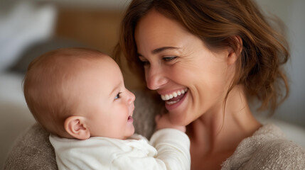 Young mother laughing as her baby reaches for her face, tiny hands touching her cheeks with wonder and trust — a heartwarming scene filled with connection, innocence, and the pure joy of early