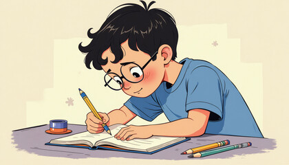 Young boy in glasses diligently writes in a notebook with pencils and inkwell nearby.