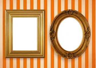 two golden frames on orange striped wallpaper