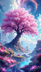 Obraz premium Enchanting dreamscape with a vibrant pink tree shimmering water and fantastical glowing flora.