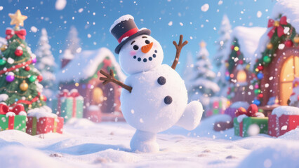 Fototapeta premium Joyful snowman in a snowy village surrounded by festive decorations and falling snow.