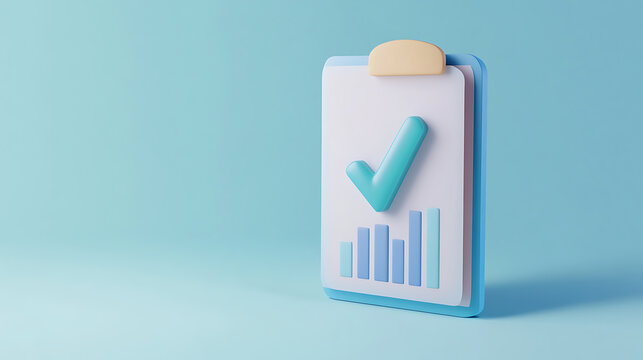 Clipboard with a check mark and bar graph on a blue background. The check mark indicates completion, accuracy, or approval. The graph signifies growth, progress, or positive trends.