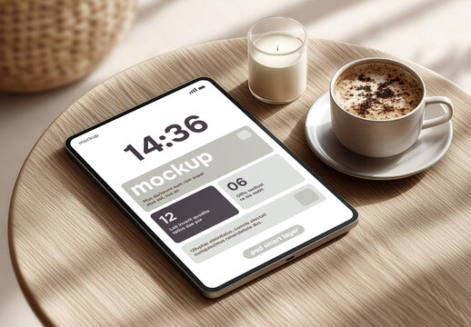 Serene Tablet Mockup with Candlelight and Warm Tones. Perfect for Spa and Wellness Branding