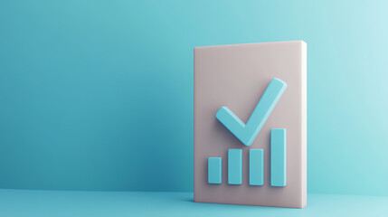 3D render of a light gray rectangular prism with light blue graph bars increasing in height along with a matching check mark, representing growth, success, and progress.