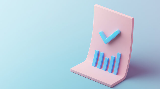 A minimalist illustration of a pink board with a blue check mark and bar graph, set against a gradient background, symbolizing positive trends and successful analytics.