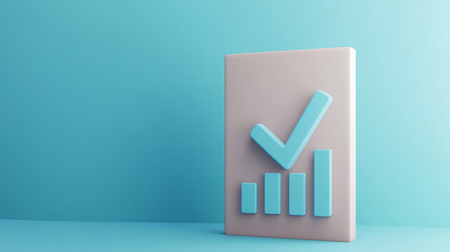 3D render of a light gray rectangular prism with light blue graph bars increasing in height along with a matching check mark, representing growth, success, and progress. - Powered by Adobe