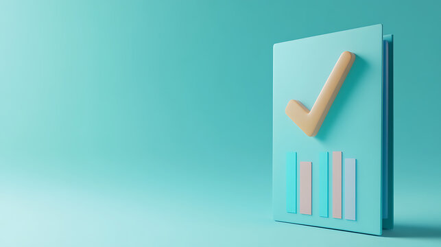 Pastel graphic with checkmark and bars conveys success. Minimalist design uses soothing blue tones. Illustrates financial growth or task completion on a clean, elegant background.