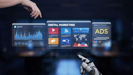 A human hand and a robotic arm reach for holographic screens displaying digital marketing data, analytics, and advertising metrics in a futuristic office setting. Synapse