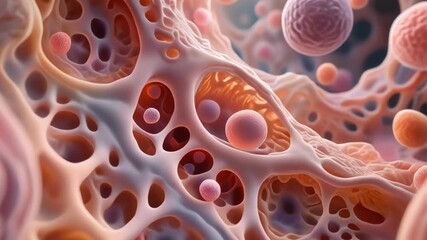 A microscopic view of porous biological tissue with spherical cells floating in a cellular matrix, an abstract scientific illustration. - Powered by Adobe
