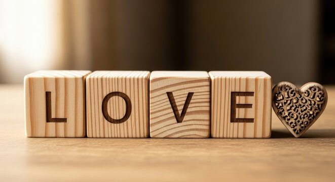 Love message in wooden blocks with decorative heart for Valentines Day