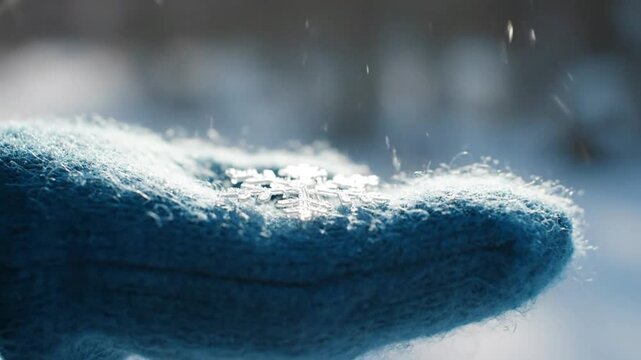 Capturing Delicate Snowflakes A Close-Up Perspective of Winter's Beauty. The soft texture of a blue mitten cradles the crystalline formations, a moment of winter wonder and natural splendor
