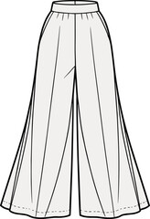 Wide leg pants illustration, technical fashion sketch, high waist design, flared trouser silhouette, structured garment drawing, apparel construction template, clothing design artwork