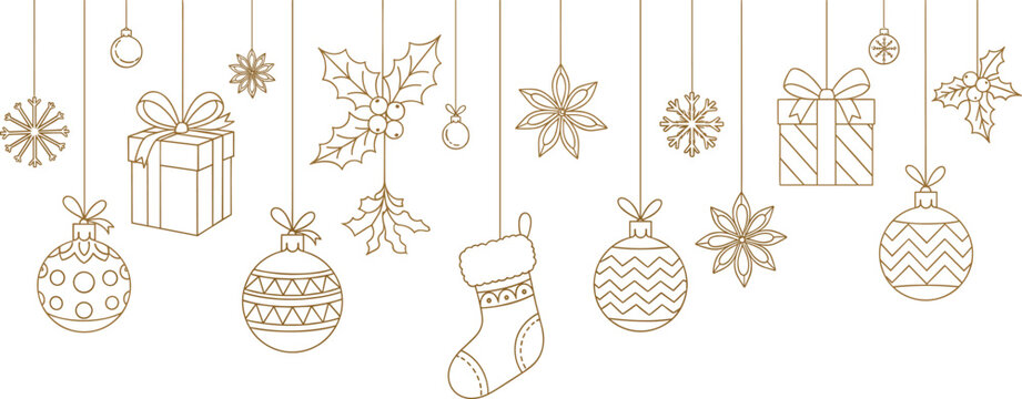 Elegant Christmas hanging ornaments line art vector set with holly leaves, snowflakes, gift boxes, stockings and festive holiday decorations