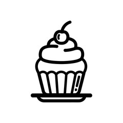Cupcake Icon with Cherry – Dessert Line Art Vector