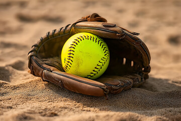 A vibrant yellow softball resting inside a worn baseball glove on sand, symbolizing the spirit of outdoor sports and leisure.