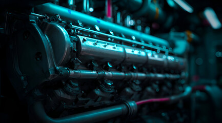 Close-up of a modern engine showcasing intricate components and innovative design in a vibrant, industrial setting.