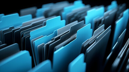 Fototapeta premium Close-up view of organized blue file folders, representing efficiency and order in an office environment.