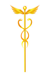Golden caduceus of Hermes, Mercury. Symbol of trading and commerce. Winged staff with snakes