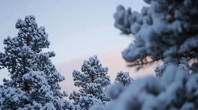 A winter landscape featuring snow-covered evergreen trees under a pastel sky. The serene scene captures the quiet beauty of a snow-filled forest at dusk or dawn.