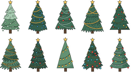 Hand-drawn decorated Christmas tree vector set with colorful ornaments, lights and star toppers for festive winter holiday illustration designs