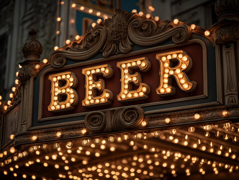 A vintage beer sign illuminated with bright lights, showcasing a nostalgic and inviting atmosphere for beer lovers.